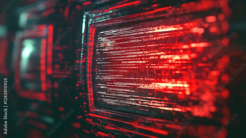 Poster Glowing abstract red neon grid digital technology background with futuristic and hi tech vibes  Illuminated digital pattern with matrix circuit and binary code elements  Neon lights laser beams