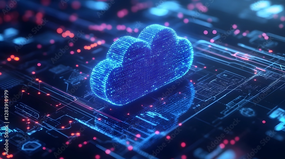 Poster Glowing Blue Cloud Shaped Technology Abstract on Dark Background with Futuristic Digital Data and Network Connections Concept