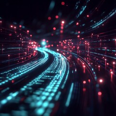 Vibrant digital landscape showcasing flowing trails of light and data particles in a futuristic setting at night