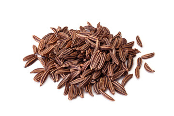 Pile of dry caraway seeds Isolated on white background. Pile of cumin seeds. No AI tools