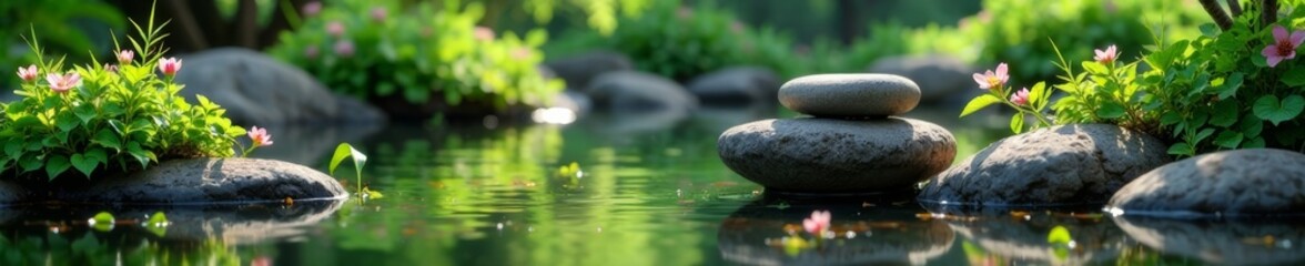Peaceful Zen Water Feature with stones and water plants , water plants, water feature