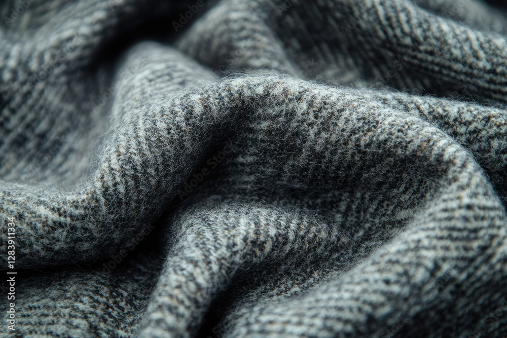 Poster close-up of a textured, gray and white woolen fabric with a soft, fuzzy appearance.