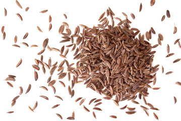 Pile of cumin seeds isolated on a white background. Dried cumin seeds. Caraway. No AI tools