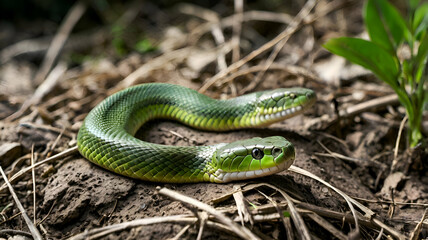 Fototapeta premium green snake ,close up of a green snake, snake in the grass, green snake on a tree, green snake in the grass