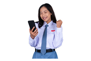 Indonesian Female High School Student in Uniform Smiling While Holding Phone Isolated Transparent