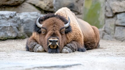 Fototapeta premium Bison resting zoo enclosure rocky background wildlife conservation