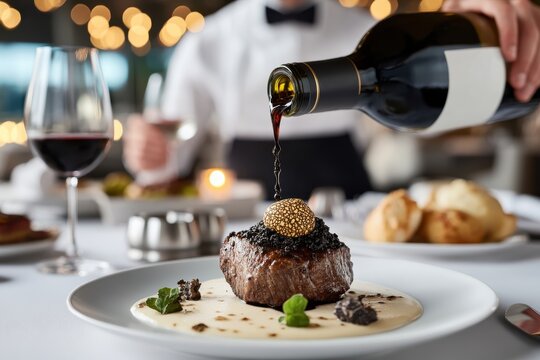 An exquisitely plated steak being served with a fine wine in a luxurious dining environment, representing sophistication and culinary excellence in gourmet cuisine.