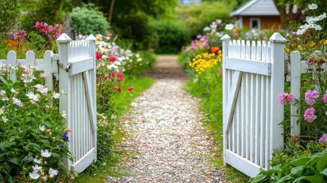Close up of a cottage style garden gate slightly open, leading to a lush green path lined with blooming flowers, spring welcome peaceful home