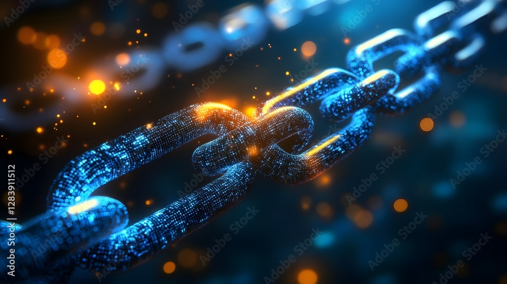 Poster Glowing digital chain links representing futuristic technology blockchain innovation global connectivity and disruptive financial transformation  Abstract technological background with illumination