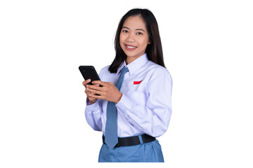 Fototapeta premium Indonesian Female High School Student in Uniform Smiling While Holding Phone Isolated Transparent