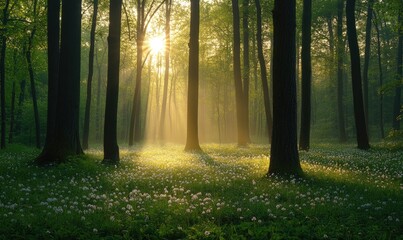 Obraz premium Sunrise in Spring Forest, misty meadow, sunbeams. Nature wallpaper
