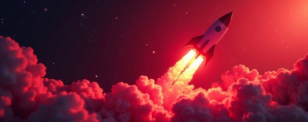 Red rocket takes off with trail of smoke against deep crimson hue, futuristic, smoke trail
