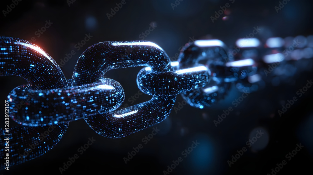 Poster Glowing digital fractal chain linking abstract network with dynamic low poly geometric patterns data flow and futuristic technology elements