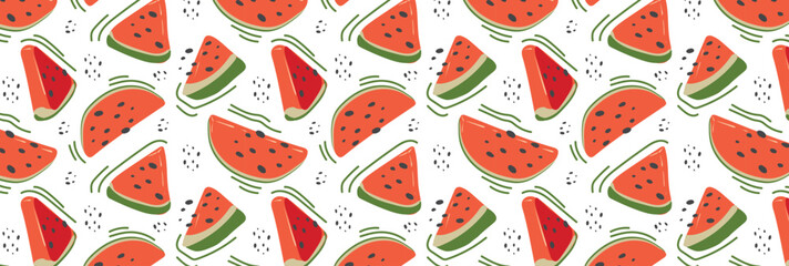 Abstract watermelon slices pattern in flat style. Vector seamless background. Summer freshness for health with natural watermelon flavor. For background, juice, ice cream or packaging.