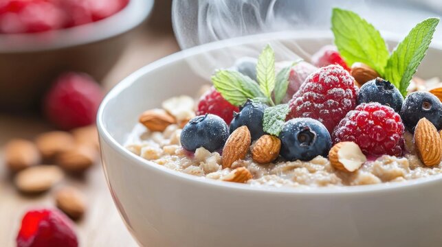 Close up of a steaming bowl of oatmeal topped with berries and nuts, healthy breakfast nutritious start of the day
