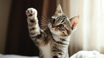 Playful tabby kitten reaching up with paw in sunlit room