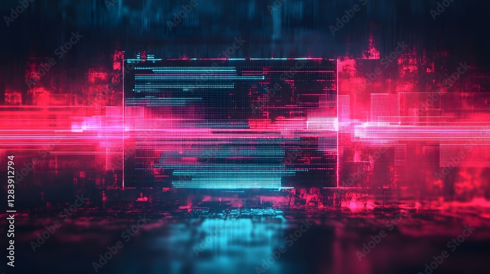 Poster glowing futuristic cityscape with neon lights and abstract architectural elements vibrant colorful a