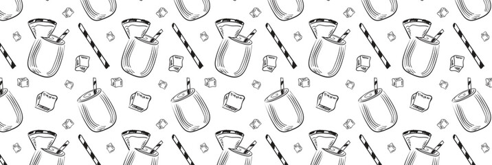 Watermelon summer cocktail with ice cubes and straw hand drawn. Seamless summer pattern with non-alcoholic cocktail. Vector background for poster printing, banners, fabric, packaging. Doodle style