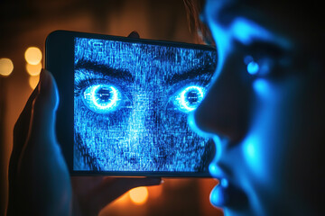 device with blue glowing eyes staring at worried, scared human