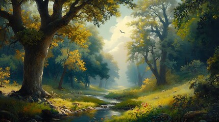 Obraz premium Sun-Dappled Forest Stream: A Digital Painting of Autumnal Woods AI Generated