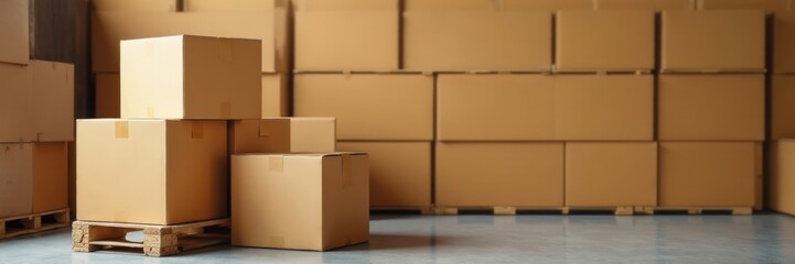 Set of cardboard boxes stacked on a wooden pallet, furniture storage, shipping