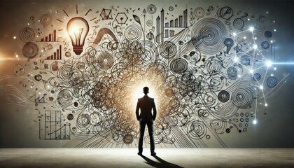 A visualization of a complex problem solving concept depicting a man standing before a tangled web of abstract colorful thoughts and ideas.