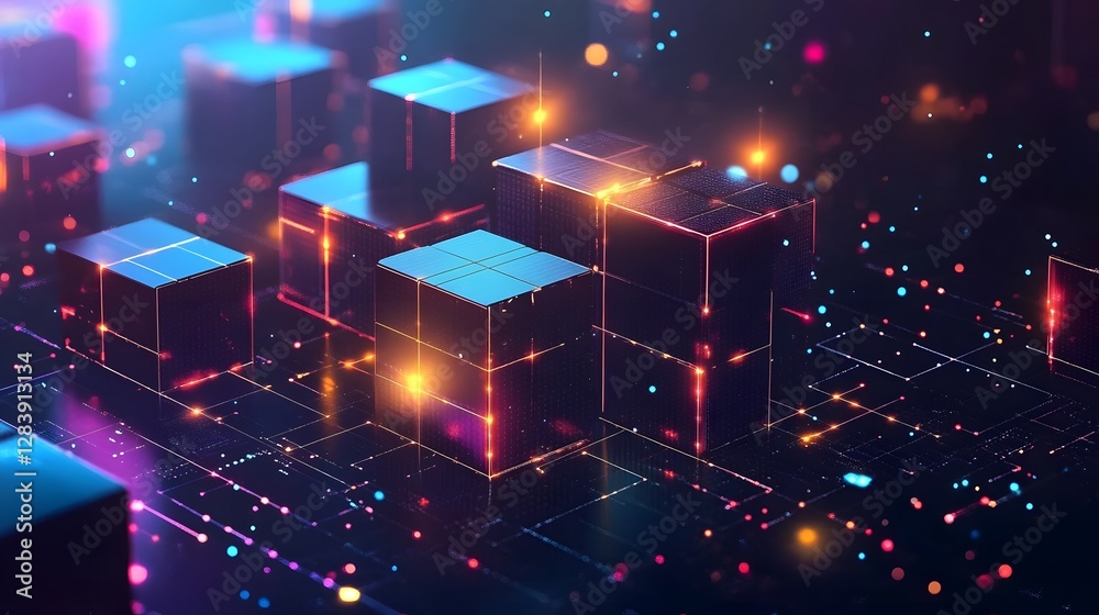 Poster Glowing futuristic digital cubes and boxes arranged in a vibrant neon cyberpunk inspired landscape  The scene features illuminated geometric architectural structures