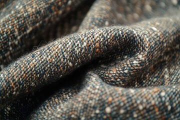 Close-up of a textured woolen fabric in shades of brown and gray, showing its intricate weave and soft texture.