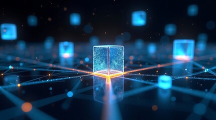 Abstract visuals of blockchain technology in business, featuring interconnected digital blocks and data nodes in a digital security features