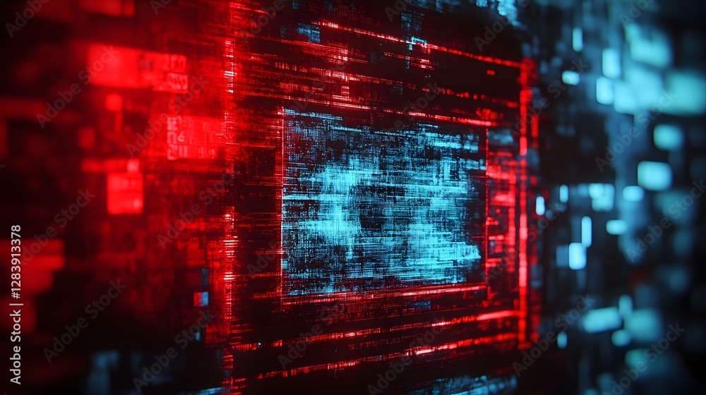 Poster Glowing Grid Interface with Dynamic Data Visualization   Abstract futuristic technology background with digital matrix neon red and blue lights and a visually striking data overlay