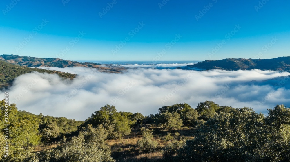 Poster above the earthly realm, soft white clouds cascade over hills and valleys, creating a tranquil atmos