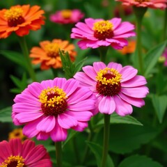 Obraz premium Brightly colored Zinnia flowers blooming in a garden, nature, floral