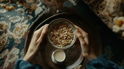 womans hands holding bowl of oatmeal with milk
