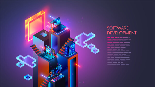 Software development, coding, programming concept. Programming, testing cross platform code, app on laptop, tablet, phone. Education, skill up of programmer. Technology computer software development.