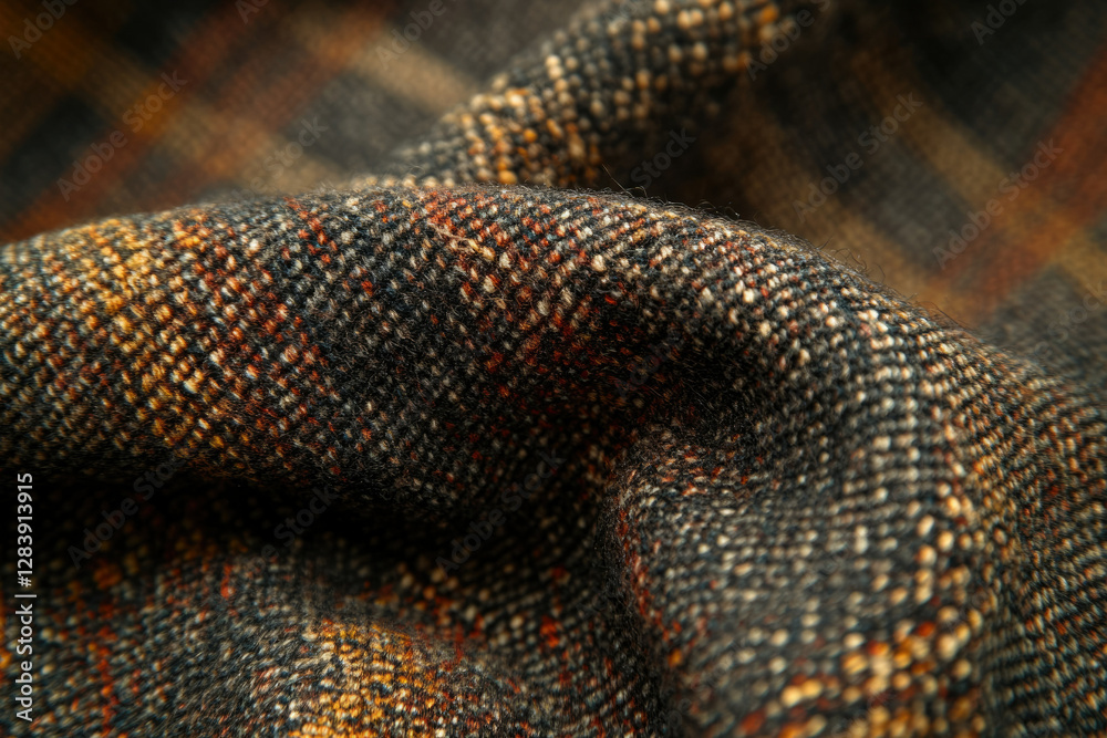 Poster close-up of a textured woolen fabric with a brown and beige plaid pattern.