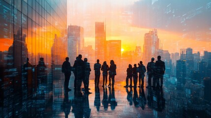 A group of professionals is gathered, animatedly discussing ideas and strategies as the sun sets behind a stunning urban skyline, casting a warm glow