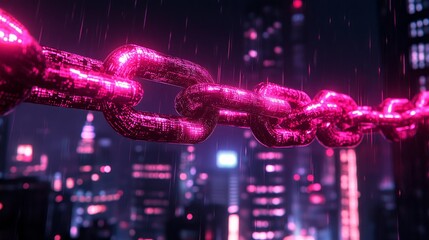 A digital pink blockchain chain links across cyberpunk cityscape
