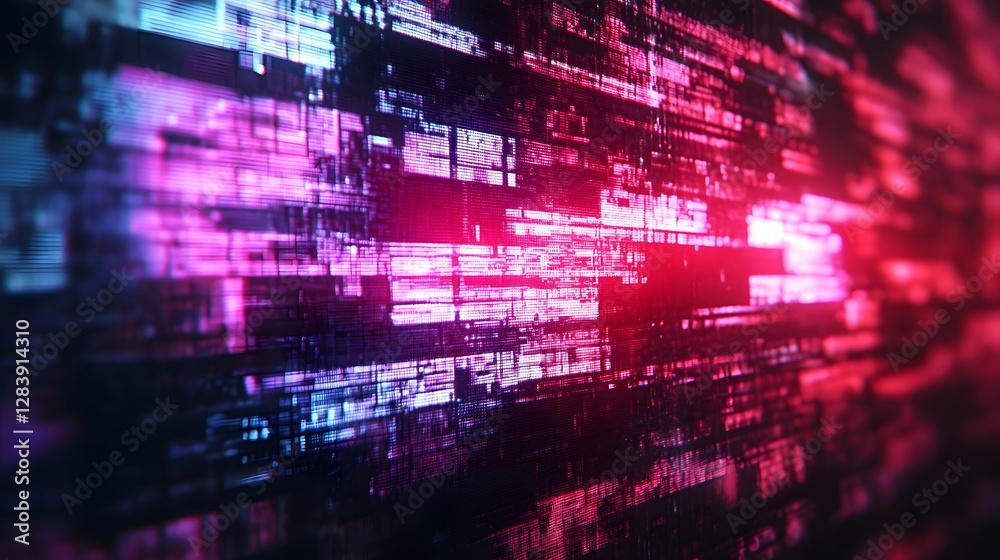 Poster Hypnotic neon glitch effect digital art backdrop with vibrant shimmering geometric patterns and dynamic light display  Futuristic high tech design with luminous pulsating energy