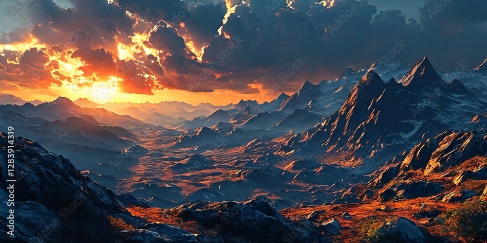 Poster a mountain range with a sunset in the background