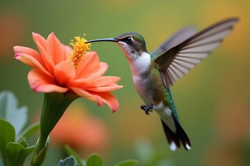A delicate but powerful hummingbird hovering over a blooming flower.