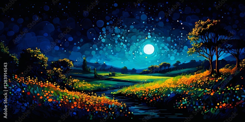 Poster a field with a river and a moon in the sky