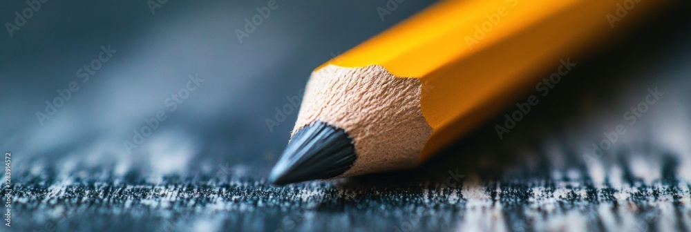 Poster close up view of a sharpened yellow pencil resting on a textured wooden surface, perfect for art or 