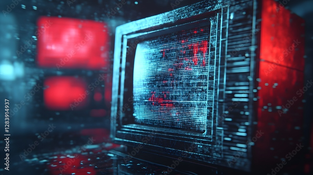 Poster Intense digital cybersecurity visualization with futuristic glitch effects displayed on a computer monitor screen in a dark moody environment
