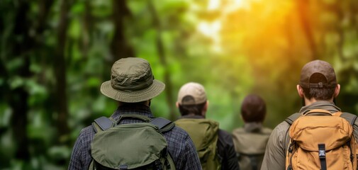 eco-tourism wildlife awareness. Eco-conscious tourists experiencing a jungle trek while learning about poaching prevention