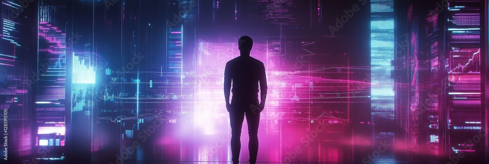 Fototapete silhouette stands amid vibrant futuristic ai visualizations and data analytics. generative ai