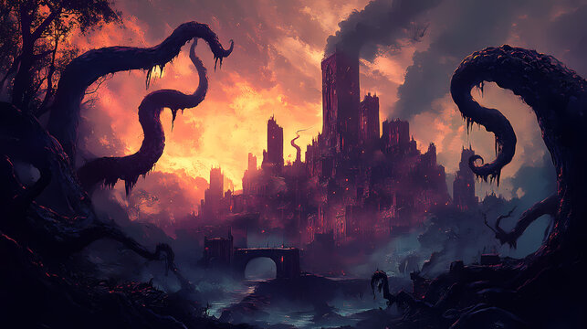 Eldritch landscape with cyclopean city and tendrils. Eldritch Cosmic Horror Landscape. Illustration