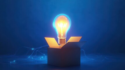 Glowing lightbulb emerging from box on blue background with electric lines