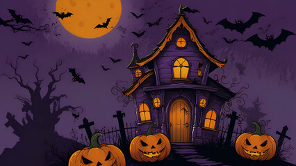 Fototapeta premium Happy Halloween Banner Card Design Scary Spooky Eerie Vibes with Haunted Elements and Creepy Aesthetics