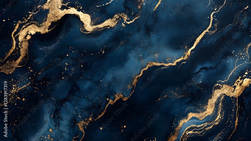Poster Luxurious abstract background with a mesmerizing marble like textured surface in shades of deep blue and accented with shimmering golden streaks creating a dynamic and fluid movement across the frame