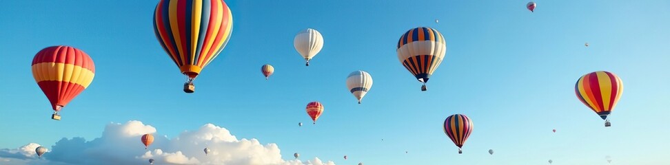 Obraz premium Brightly colored hot air balloons fill the clear blue sky with their shapes, colored, bright, hot air balloons